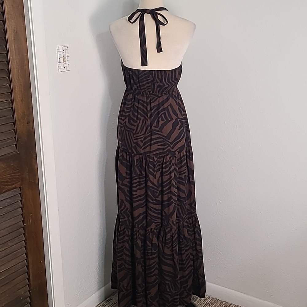 Nicole Miller Brown & Black Maxi-Dress with Halter Neck, Tiers, Ruffle, Size XS - Picture 8 of 11